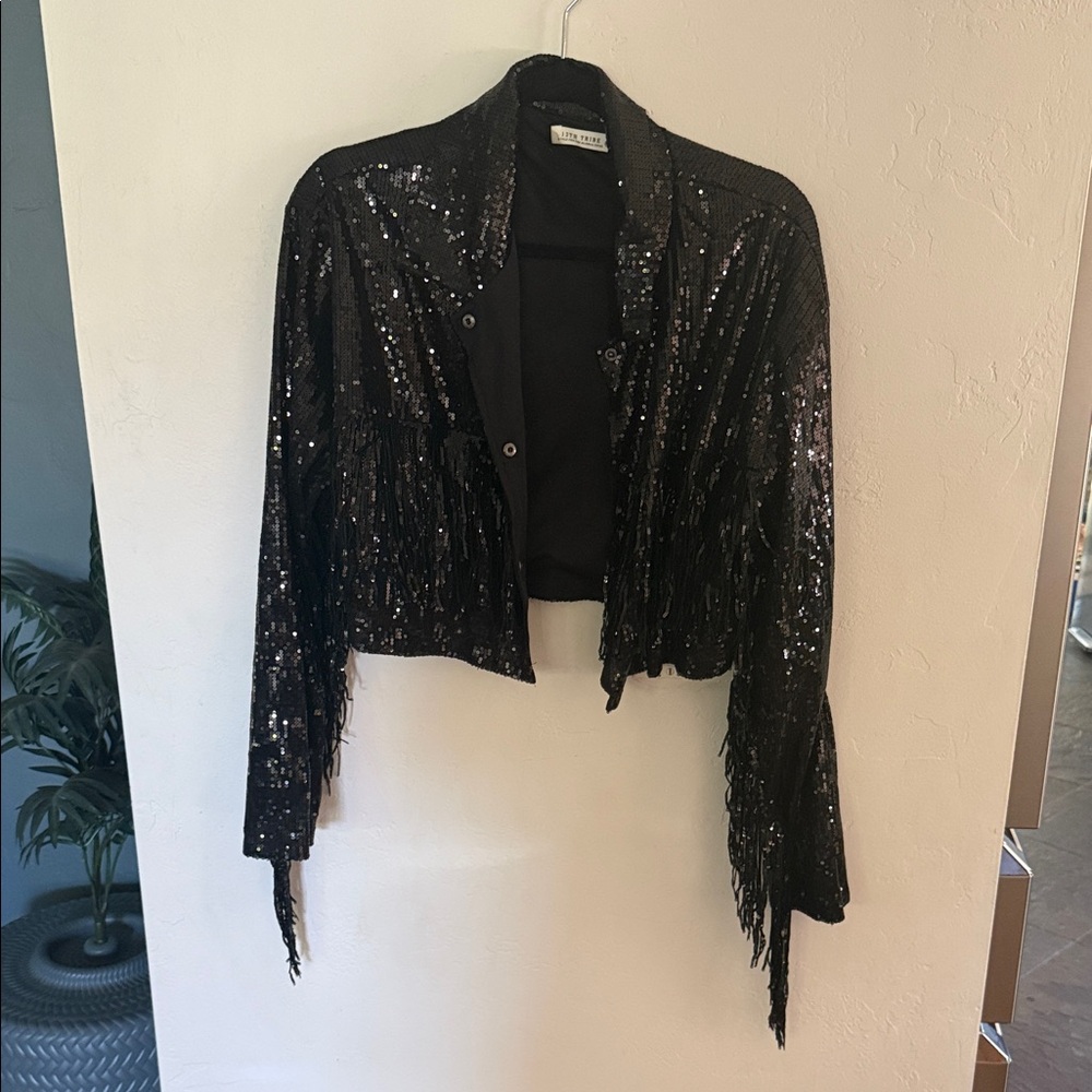 12th Tribe Black Sequin Fringe Cropped Jacket
